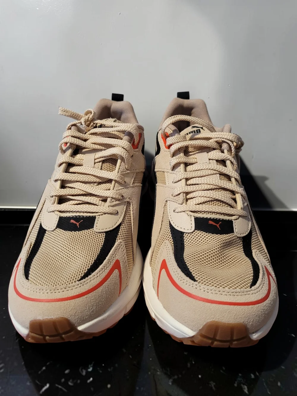 Puma Men's Beige and Black Running Sneakers with Coral Accents